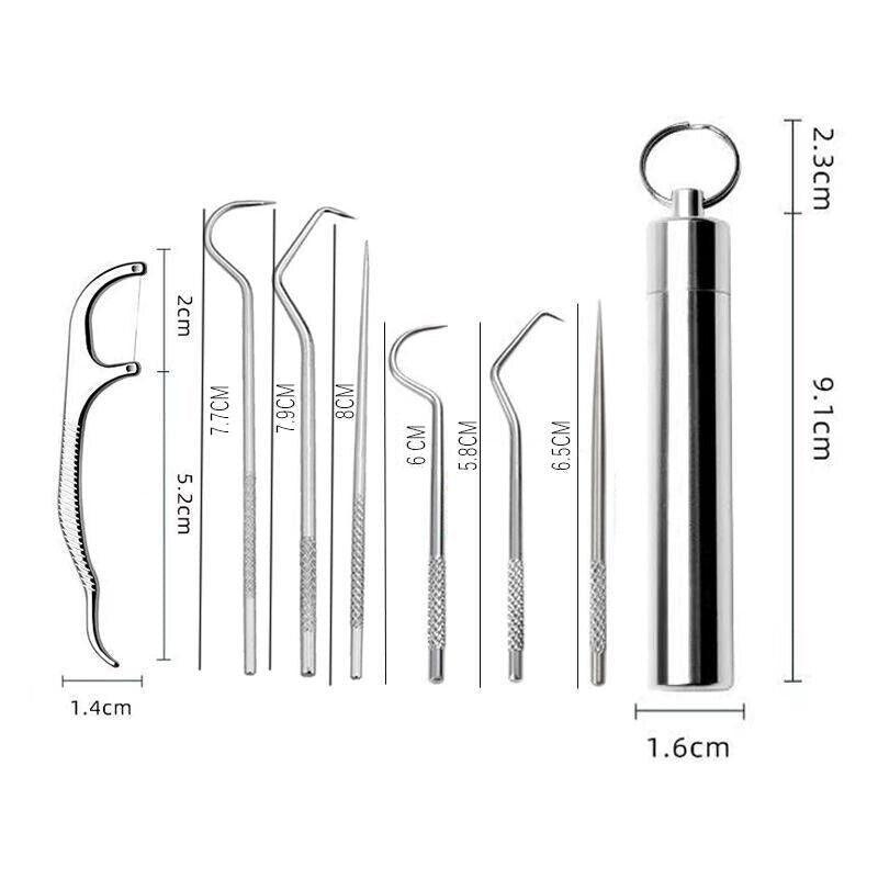 8Pcs Stainless Steel Toothpick Set Metal Flossing Portable Toothpick Box Holder