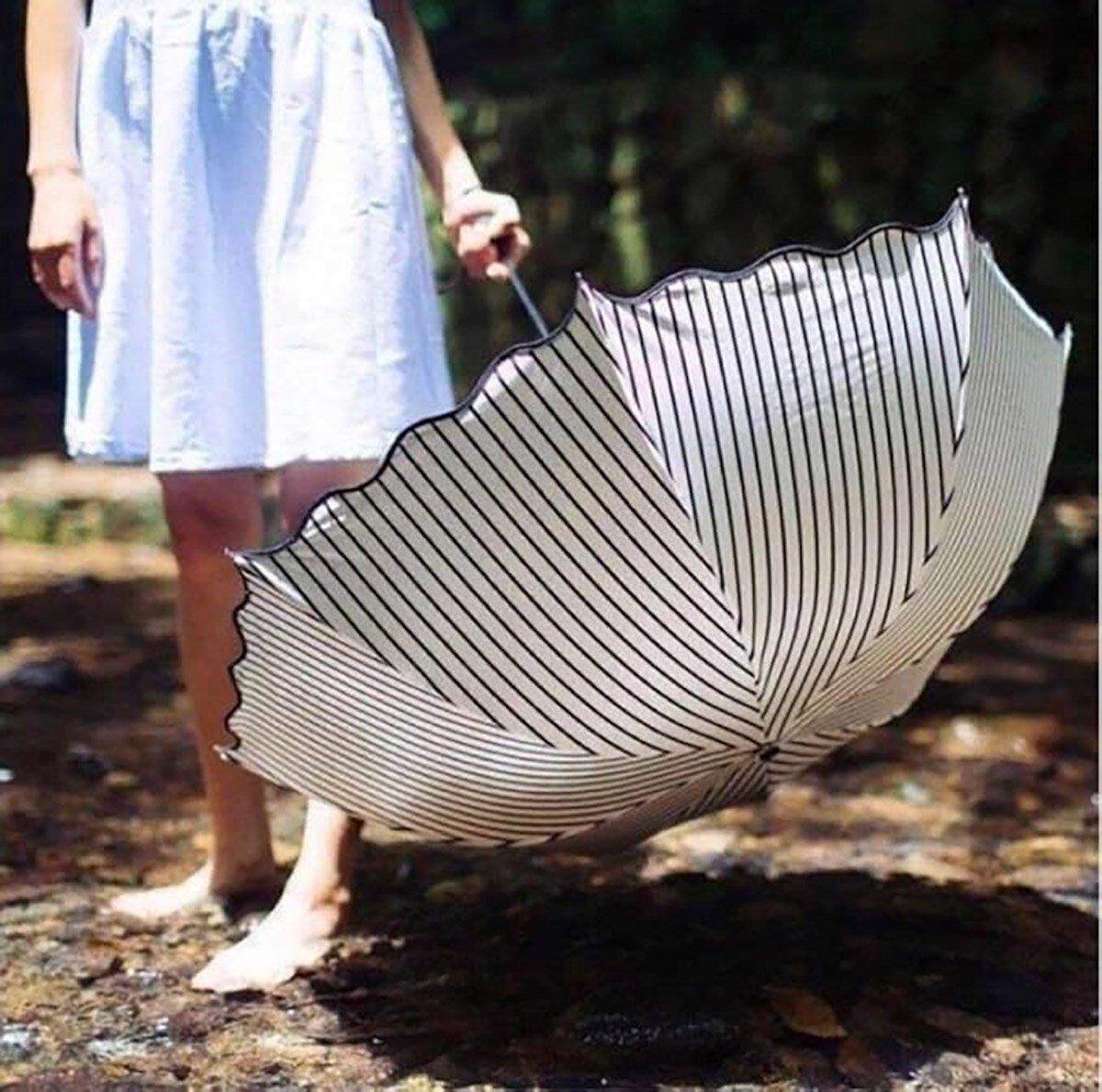 Stripe Sun Umbrella Rainy Folding Umbrella Women Sunscreen Black Rubber Sunshade