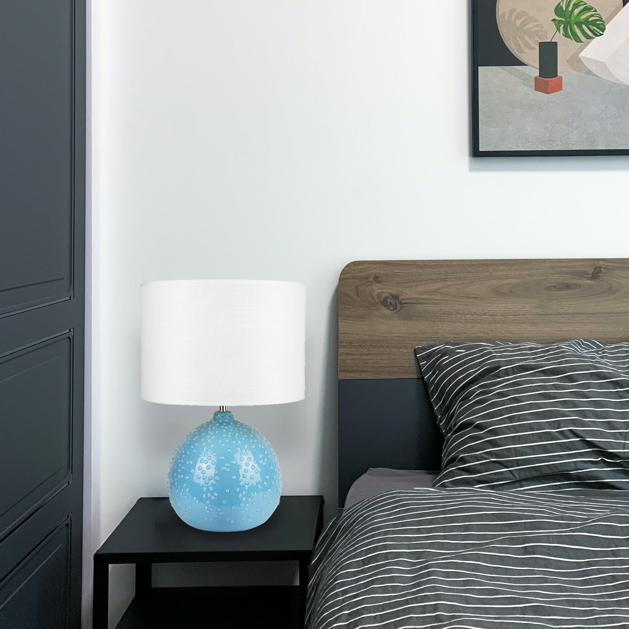 Glossy Blue Ceramic Table Lamp w/ Chrome & White Shade