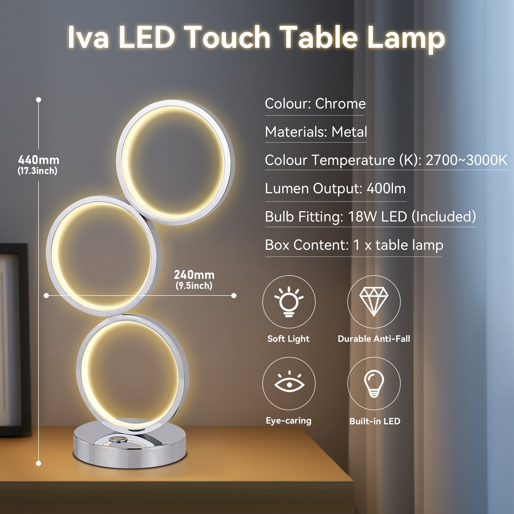 Iva LED Touch Table Lamp - Rose Gold/Chrome