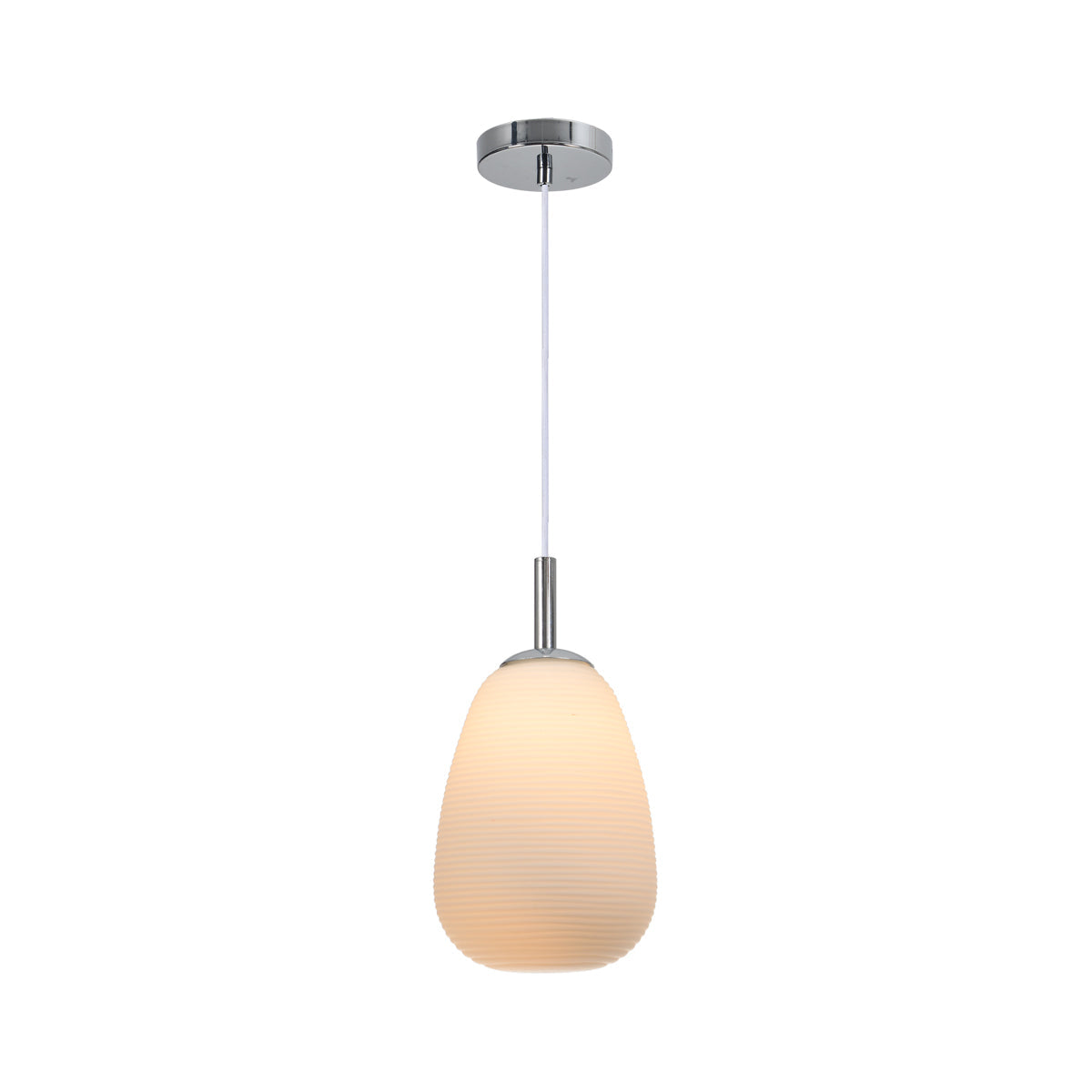 Chrome & Opal Glass Pendant Light, Ribbed Shade, Briella