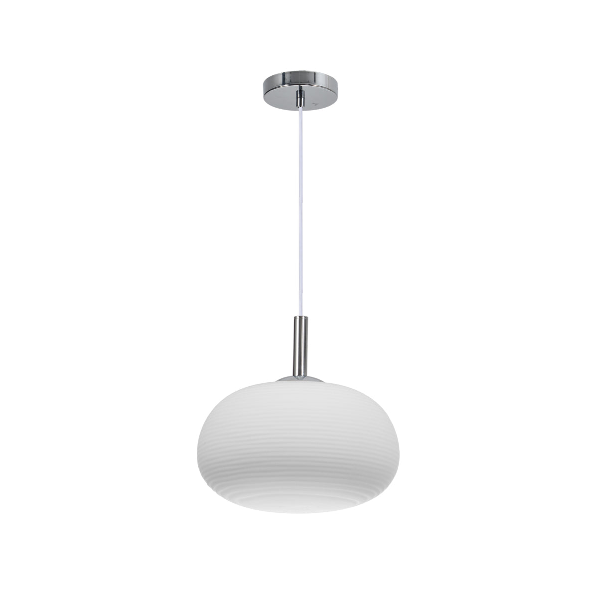 Chrome and Opal Glass Pendant Light 60W, Ribbed Shade