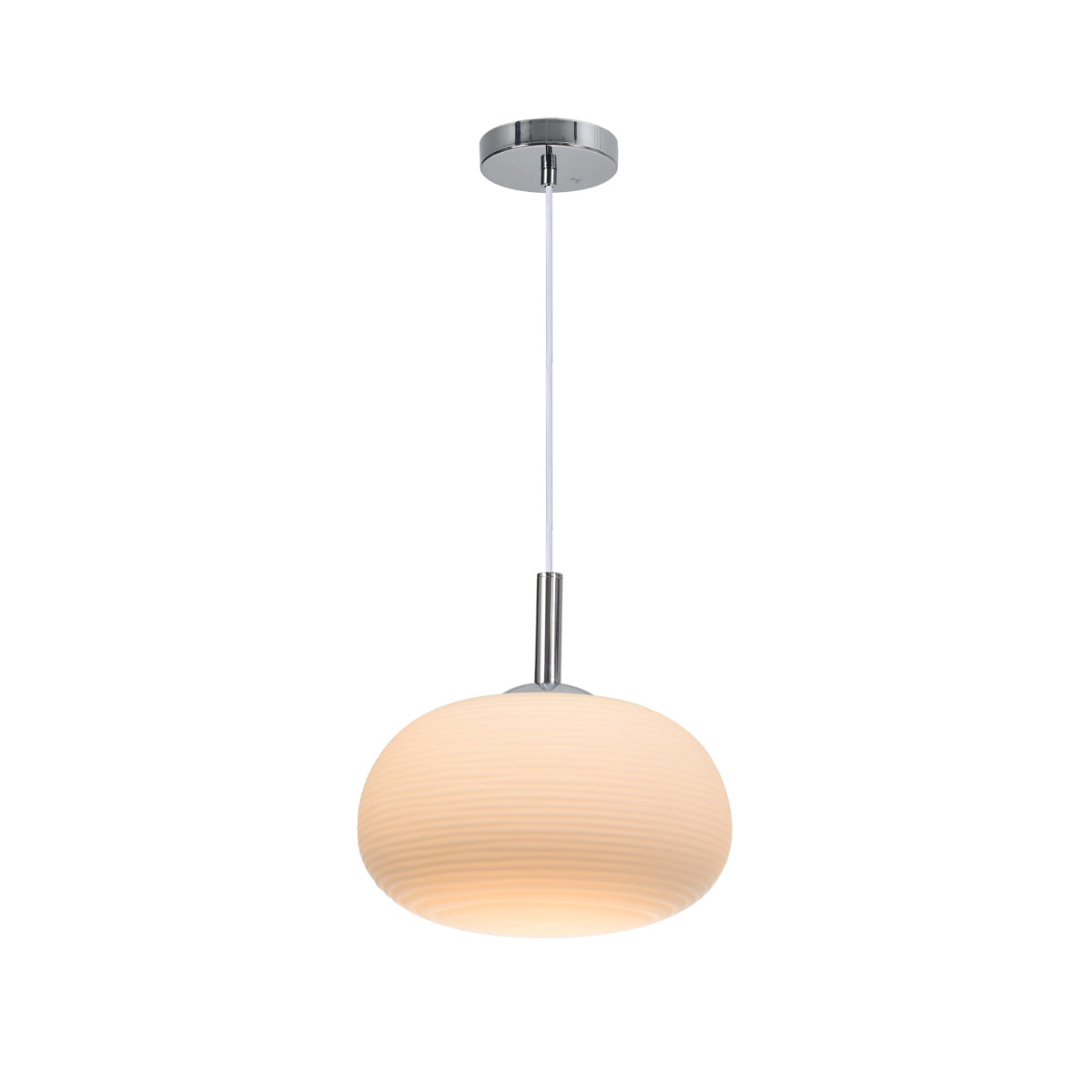 Chrome and Opal Glass Pendant Light 60W, Ribbed Shade