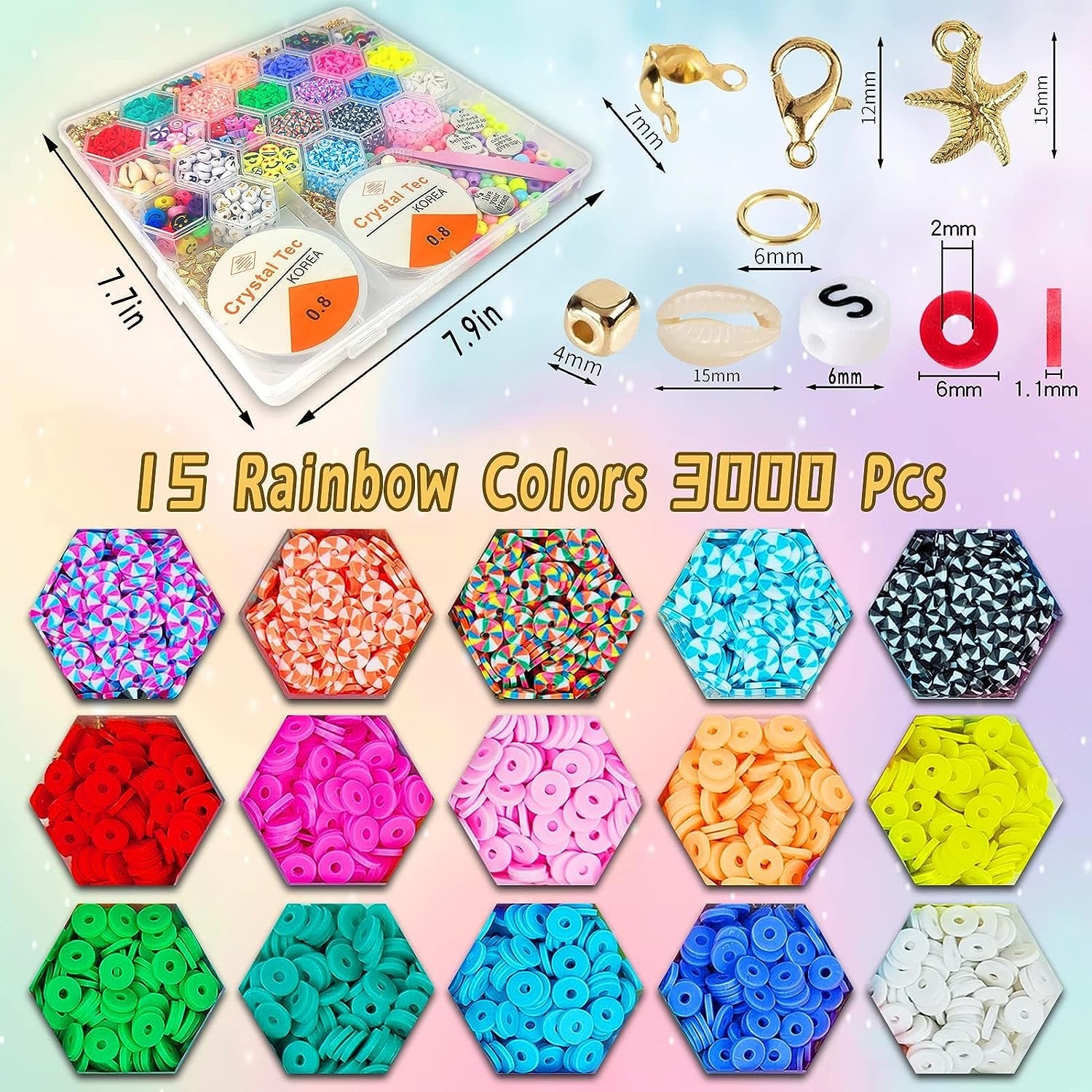 3600pcs 15 Colors Waterproof Polymer Clay Beads Kit for Jewelry