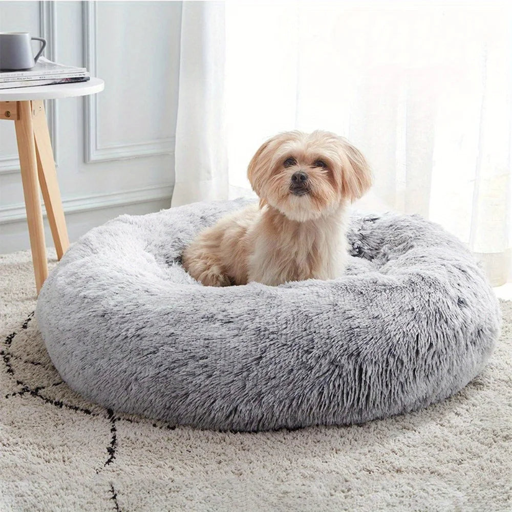 Large-60cm pink PawfectFriend Dog Pet Cat Calming Bed Plush Beds Large Fluffy Donut Comfy Cushion Puppy Mat