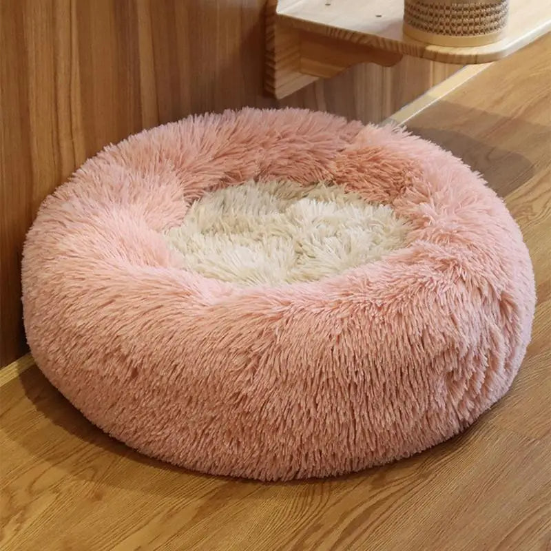 Large-60cm pink PawfectFriend Dog Pet Cat Calming Bed Plush Beds Large Fluffy Donut Comfy Cushion Puppy Mat