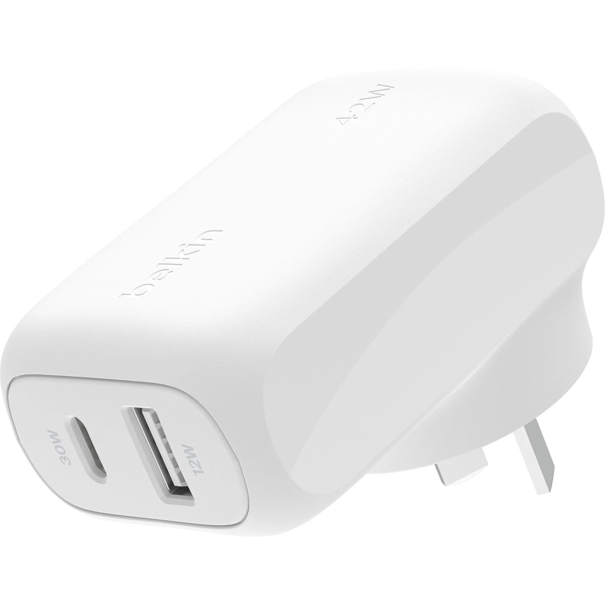Belkin Dual PD Wall Charger with PPS - 42W Fast Charging for iPhone & Android, 1x USB-C 30W & 1x USB-A 12W - White