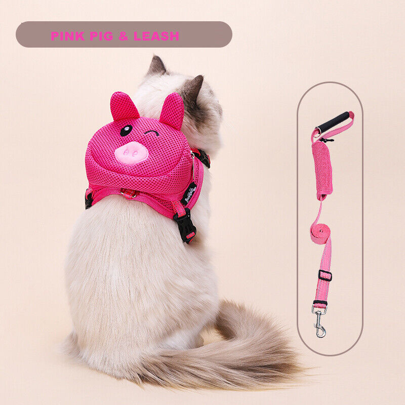 Ondoing Pet Saddle Bag Dog Harness Backpack Hiking Traveling Outdoor Bags Cute Costume Pink pig bag with leash L