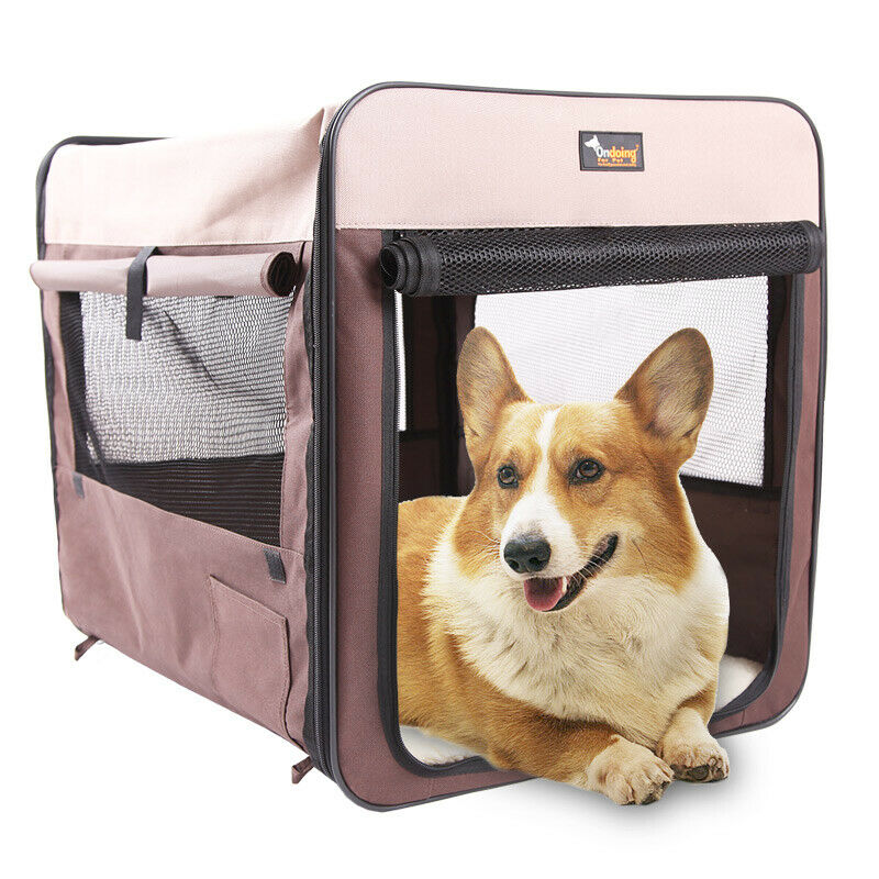 Foldable Soft Pet Crate Kennel with Mesh Windows - Brown, 82x58x58CM