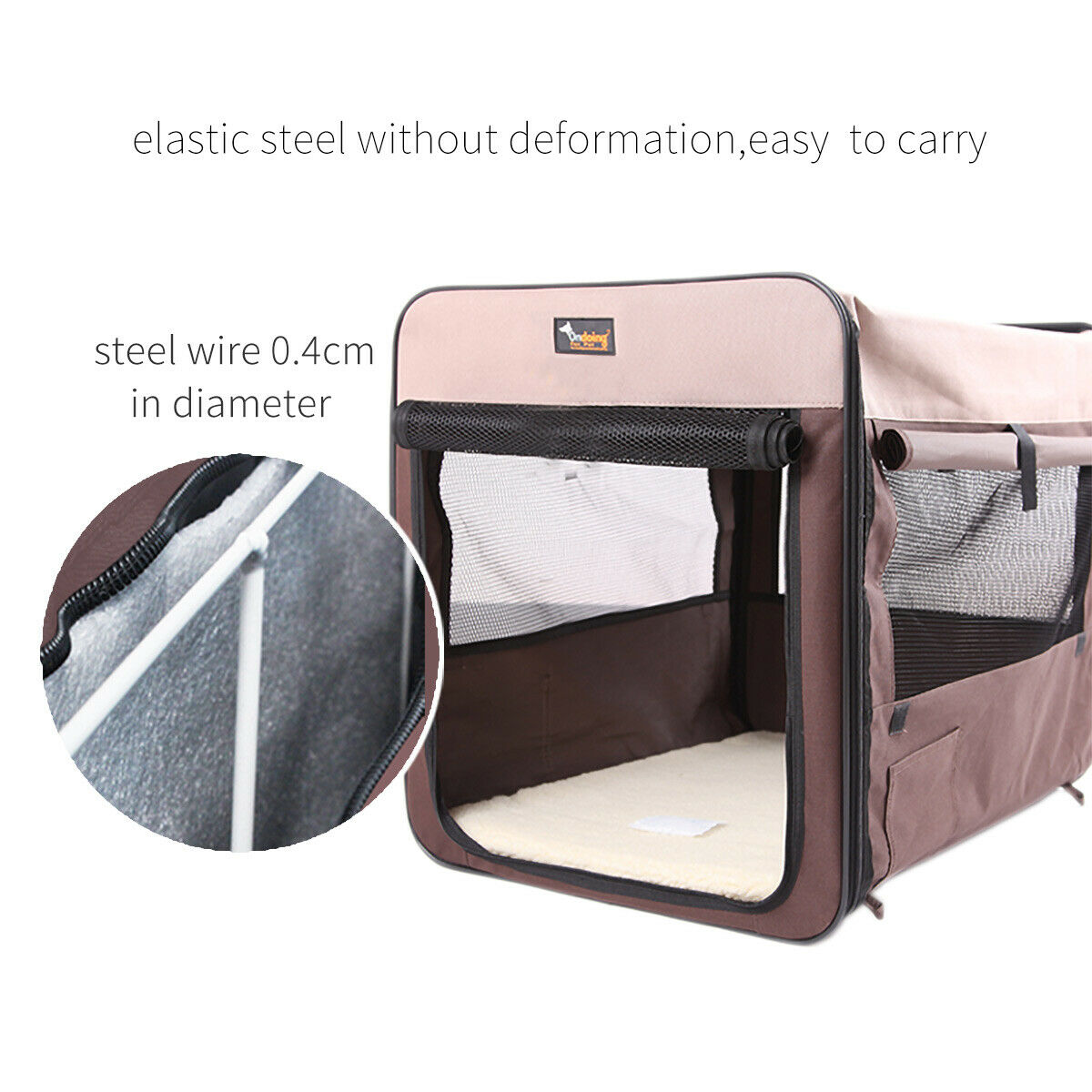 Foldable Soft Pet Crate Kennel with Mesh Windows - Brown, 82x58x58CM