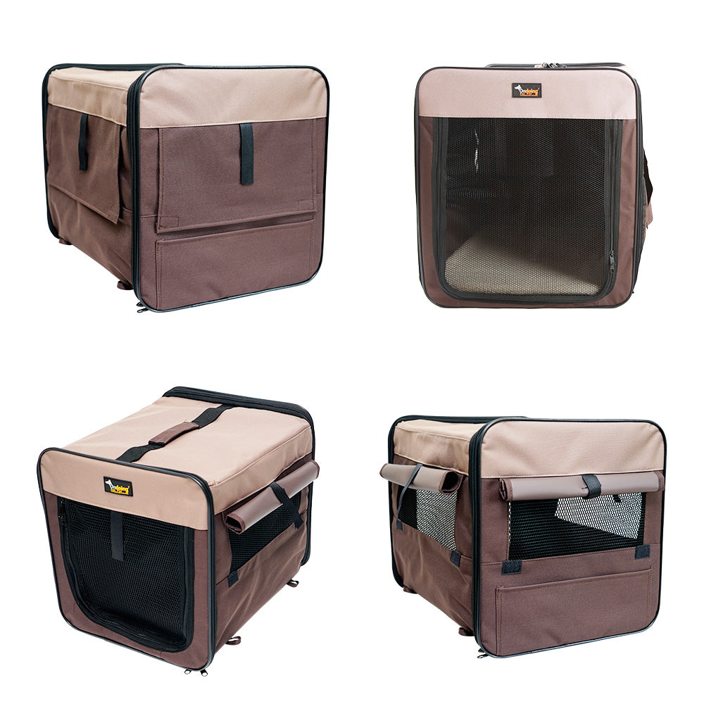 Foldable Soft Pet Crate Kennel with Mesh Windows - Brown, 82x58x58CM