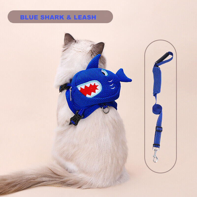 Ondoing Pet Saddle Bag Dog Harness Backpack Hiking Traveling Outdoor Bags Cute Costume Blue shark bag with leash XS
