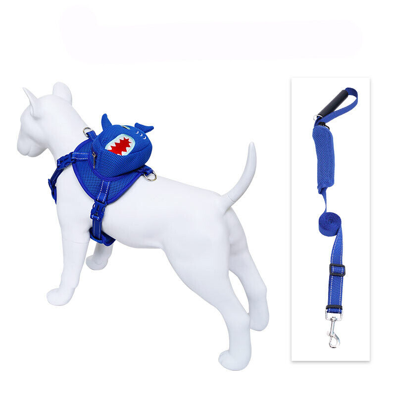 Ondoing Pet Saddle Bag Dog Harness Backpack Hiking Traveling Outdoor Bags Cute Costume Blue shark bag with leash L