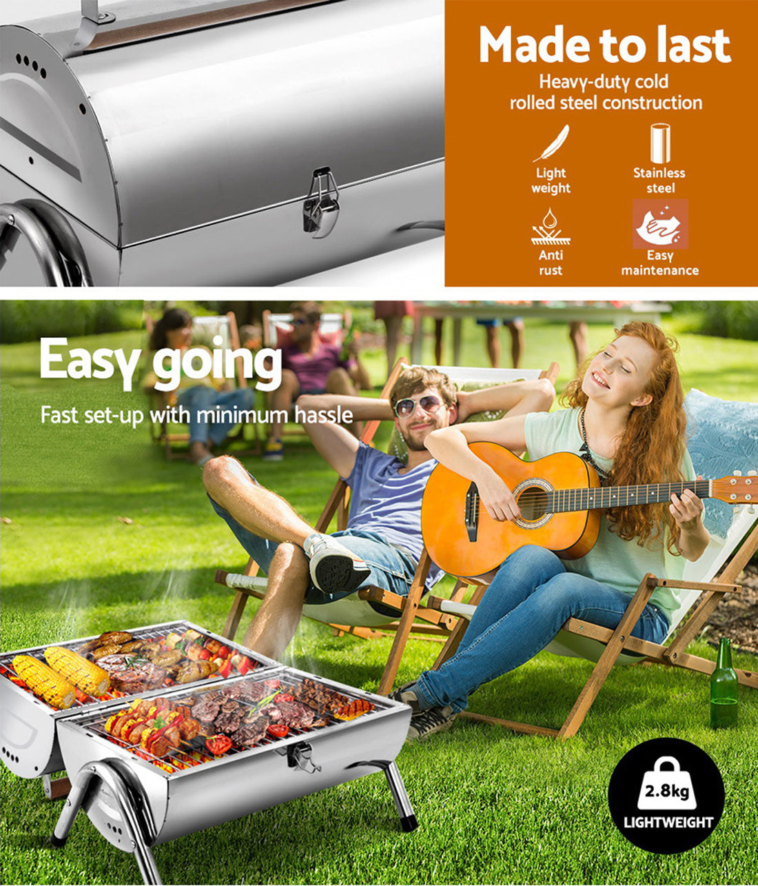 Stainless Steel BBQ Barrel Charcoal Smoker Portable Foldable Barbecue Camping Picnic