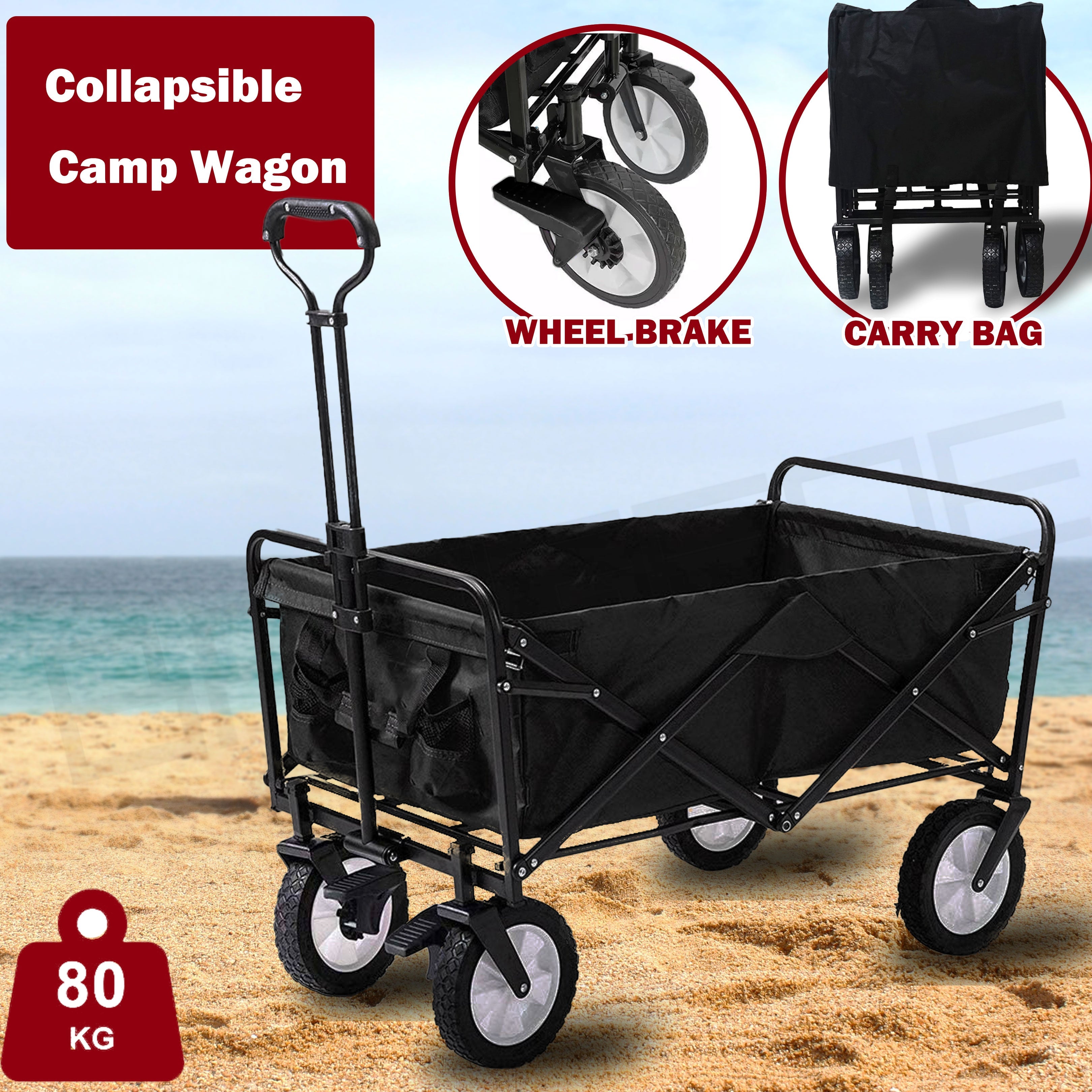 Foldable Collapsible Wagon Cart Garden Beach Outdoor Shopping Trolley Camping Brake - Black