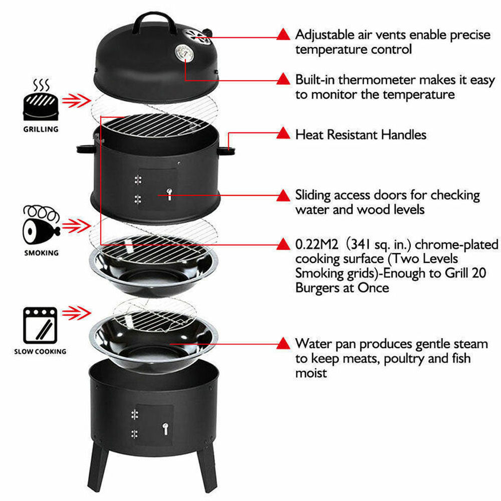 NEW 3in1 Portable Charcoal Vertical Smoker BBQ Roaster Grill Steel Water Steamer