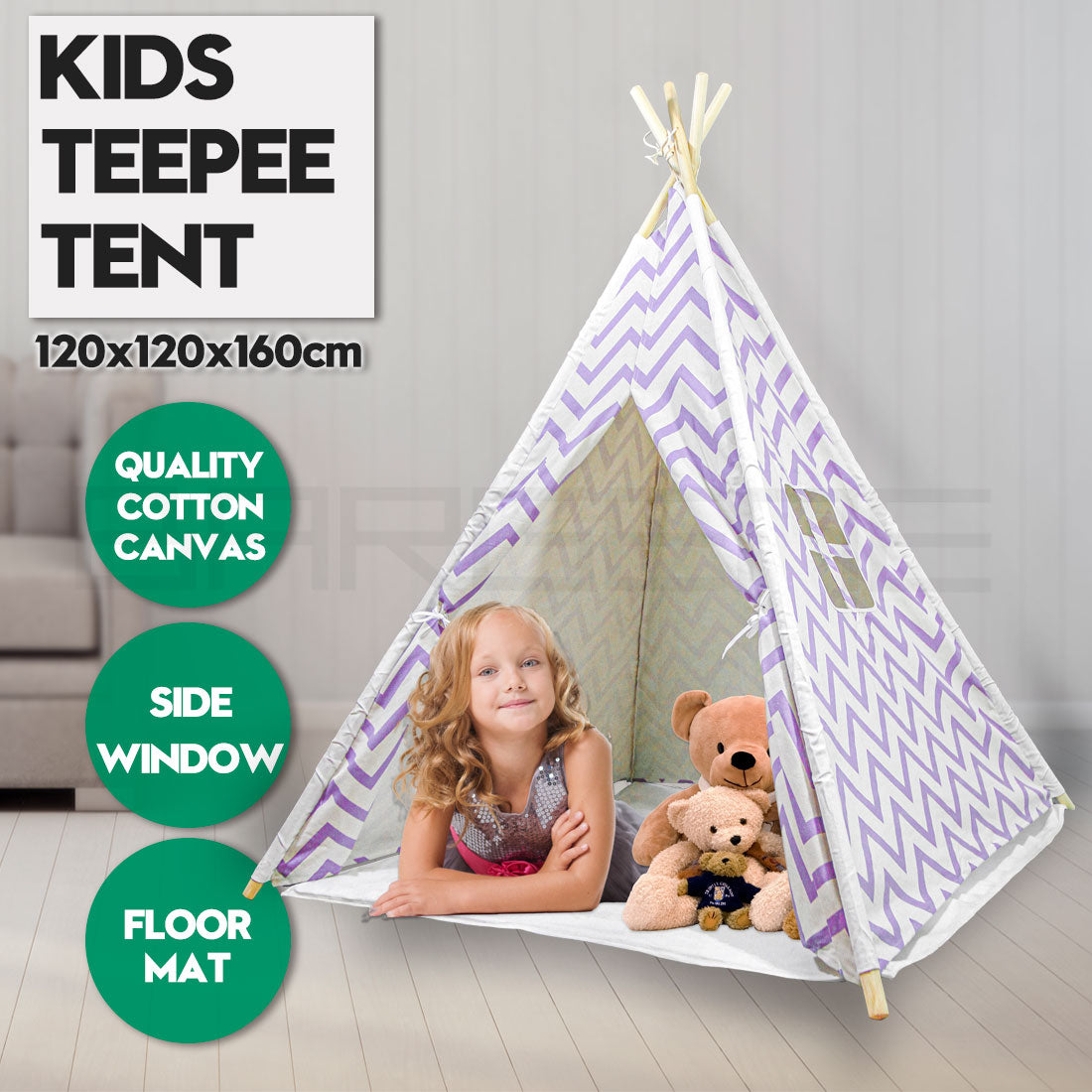 Giant Cotton Canvas Kids Teepee Wigwam Children Pretend Play Tent Indoor Outdoor Party - purple