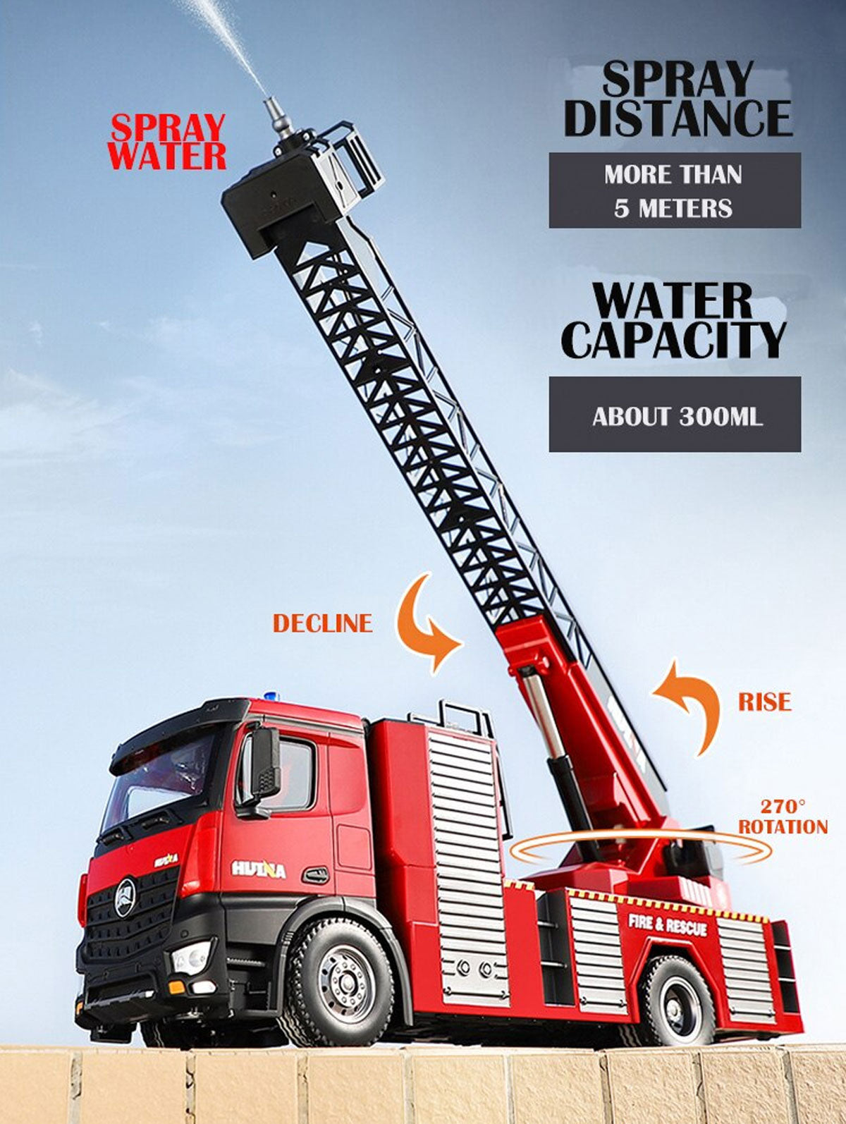 Huina 1:14 RC Fire Truck Extensible Ladder Toy Car Water Gun Construction Light Sound Gift