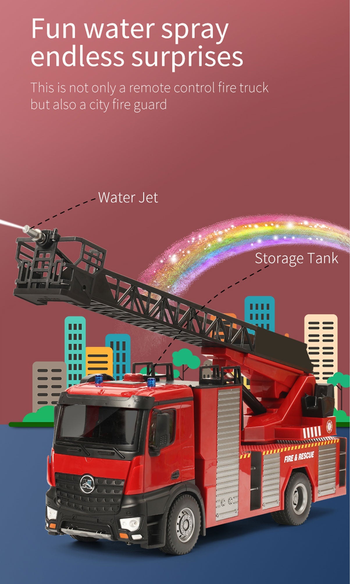 Huina 1:14 RC Fire Truck Extensible Ladder Toy Car Water Gun Construction Light Sound Gift