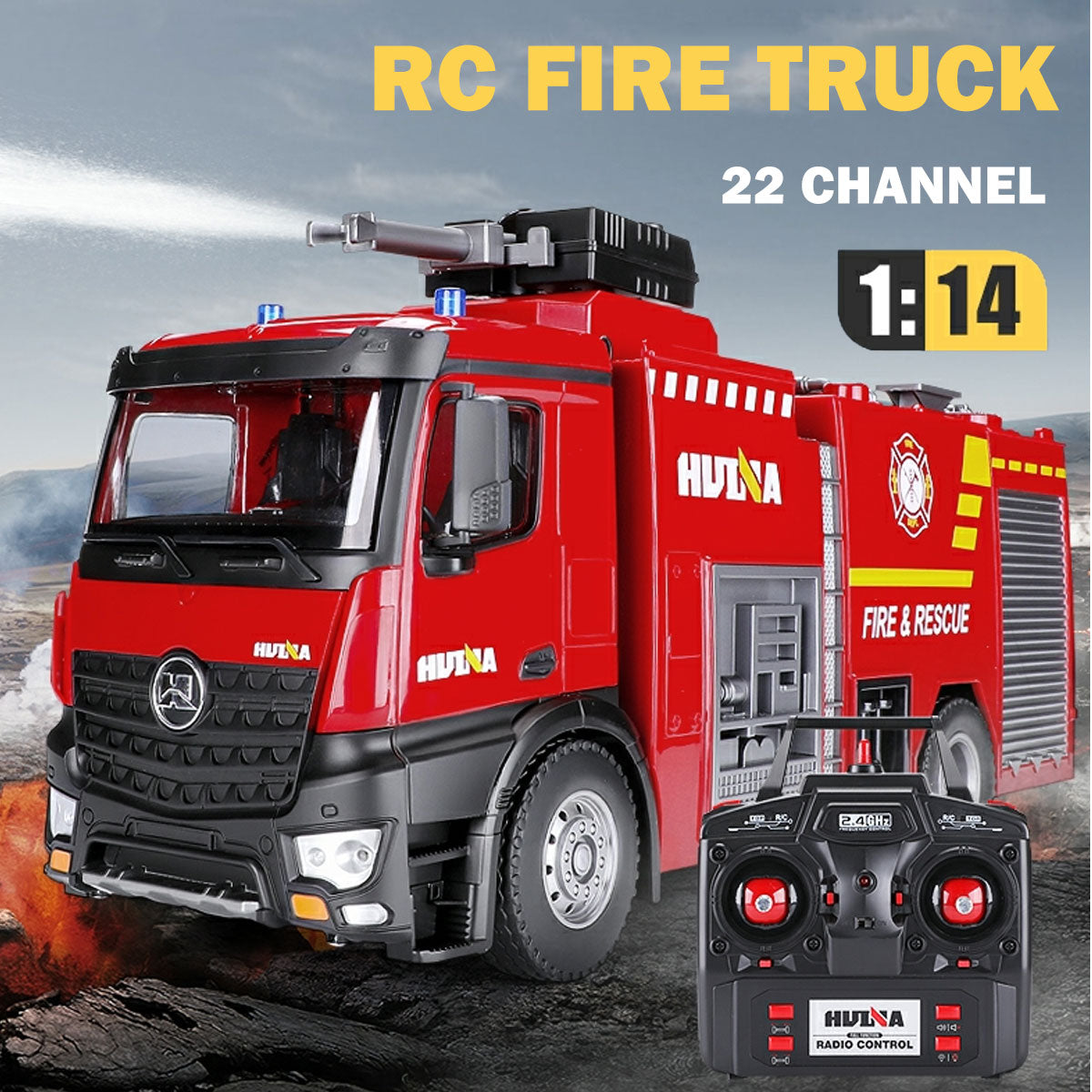 Huina 1:14 RC Fire Truck Toy Car Water Cannon Gun Construction Kids Toy