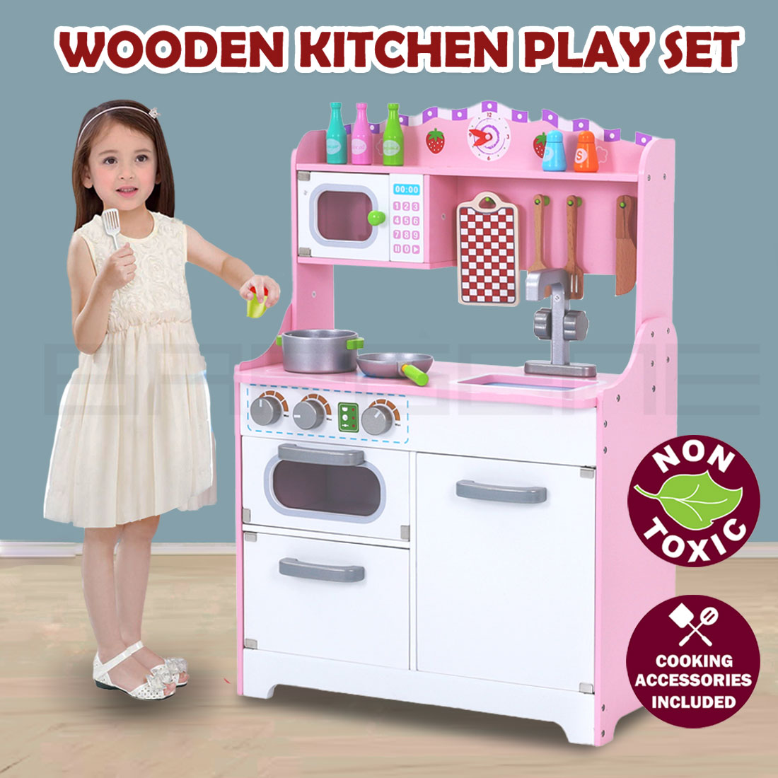 Kids Wooden Kitchen Pretend Play Set Toy Toddlers Children Cooking Food Cookware