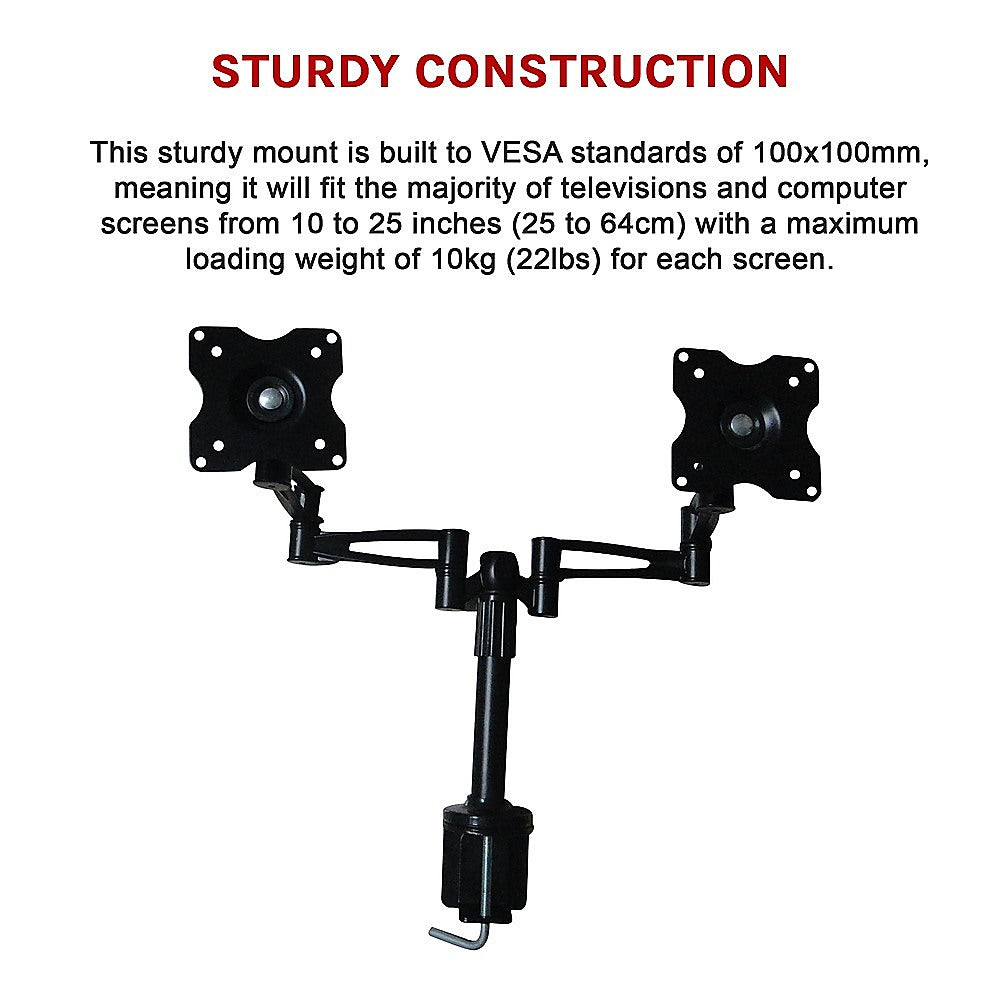 Two-Screen LCD/LED Desk Mount, 10-25", 360° Swivel, Black