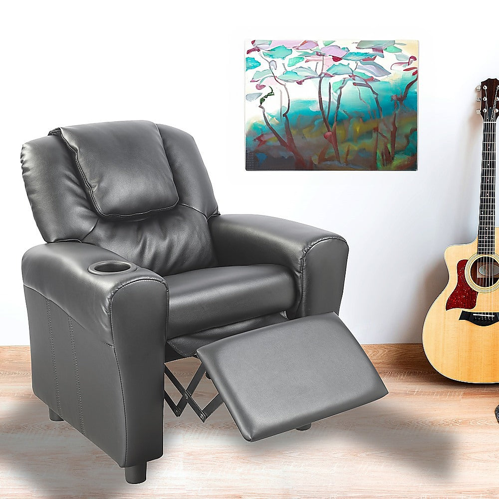 Black PU Leather Kids Recliner Chair with Drink Holder