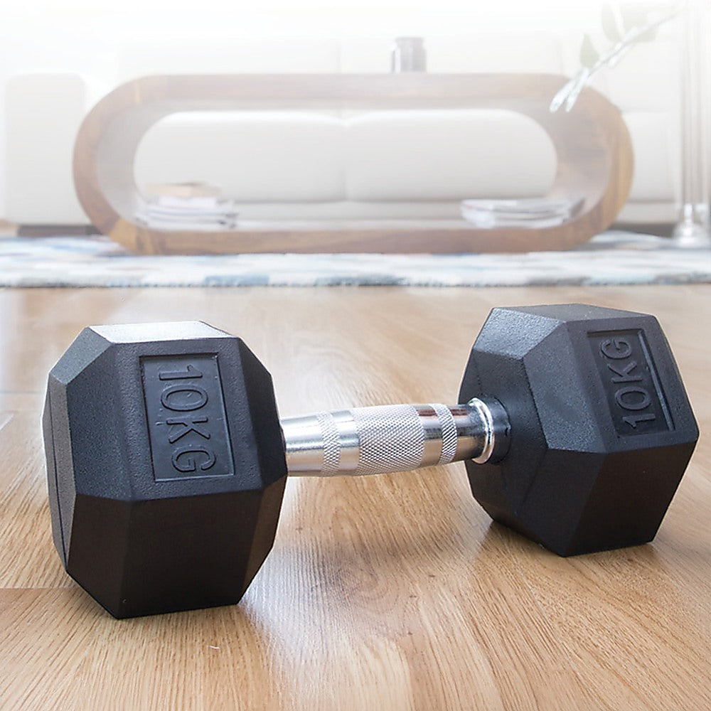 10KG Rubber Hex Dumbbell, Ergonomic, Contoured Handles