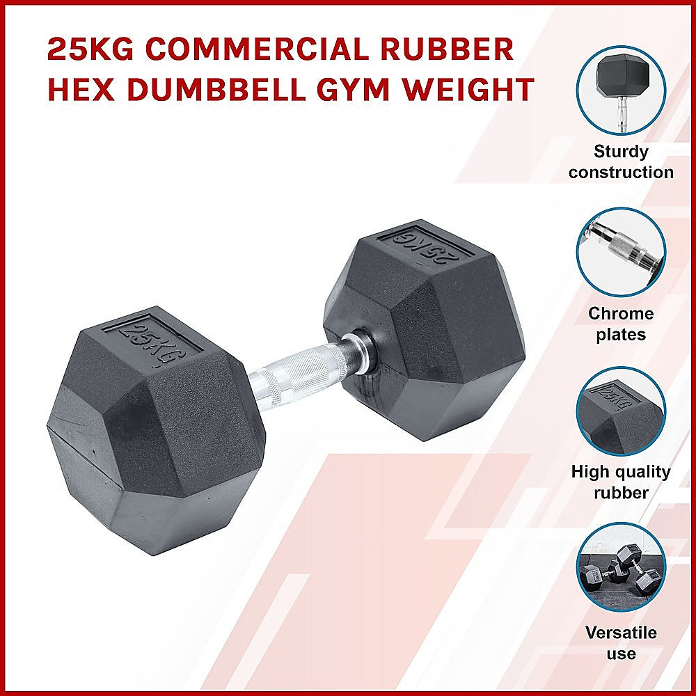 25KG Ergonomic Rubber Hex Dumbbell, Forged Construction