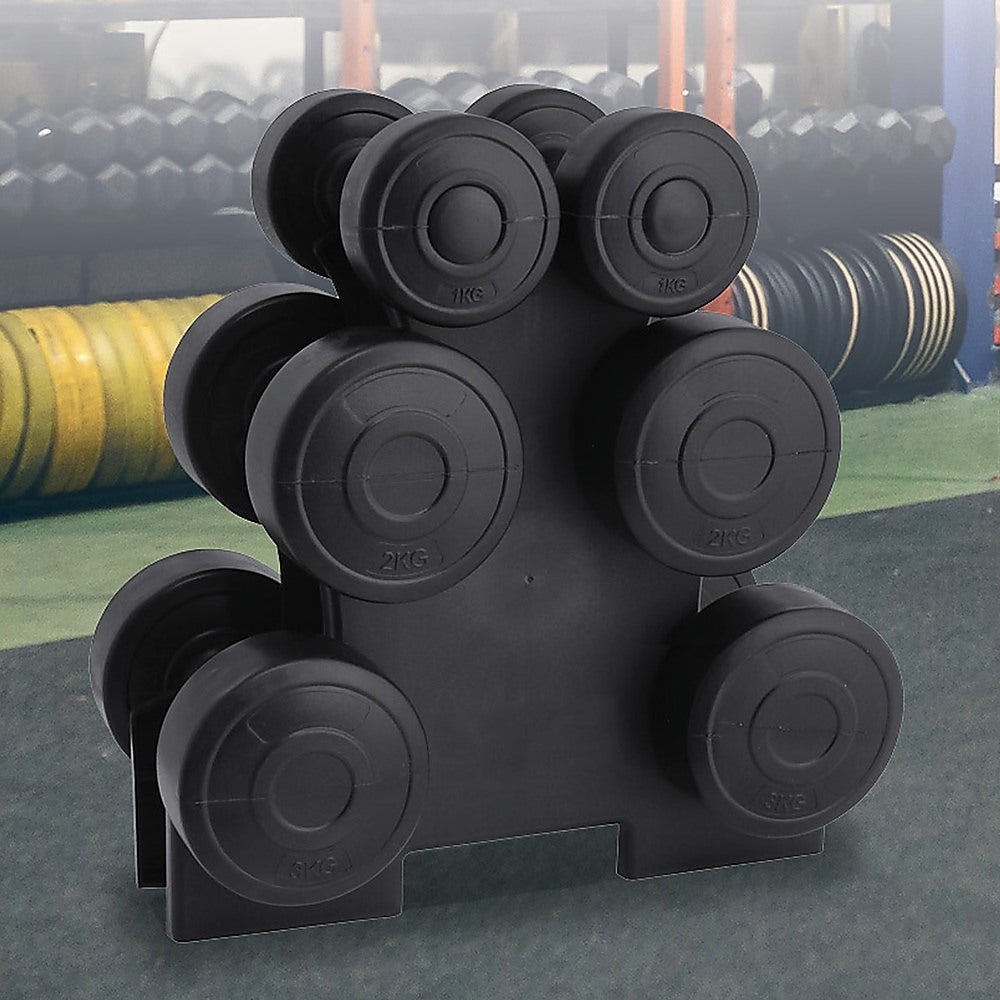 Black Vinyl Dumbbell Weights Set with Rack, 12kg Total