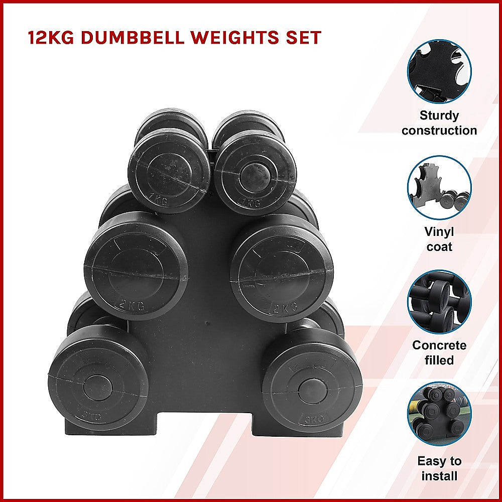 Black Vinyl Dumbbell Weights Set with Rack, 12kg Total