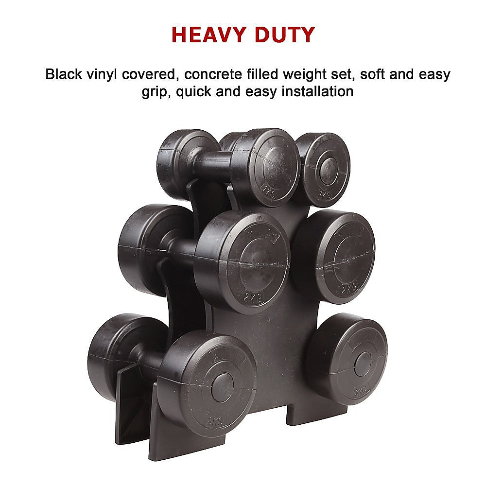 Black Vinyl Dumbbell Weights Set with Rack, 12kg Total