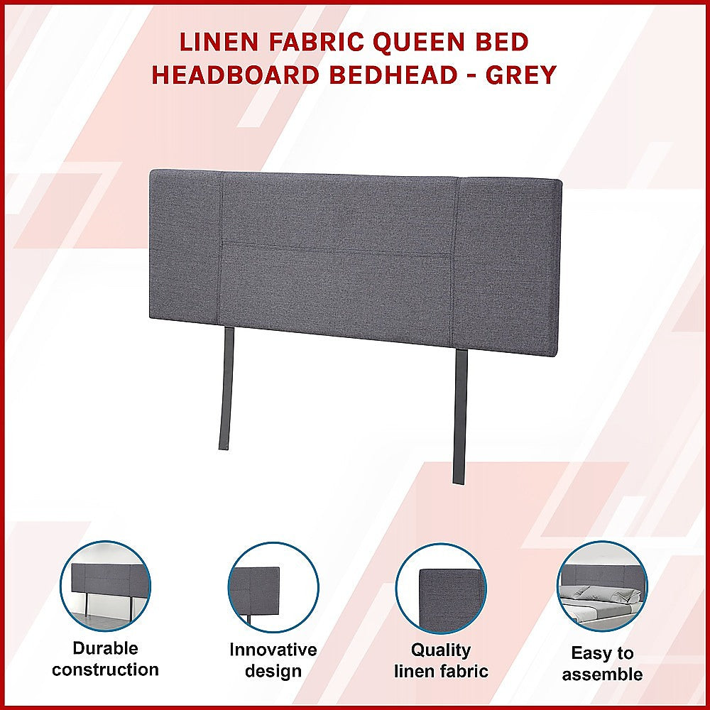 Adjustable Grey Linen Queen Headboard, Designer Stitch