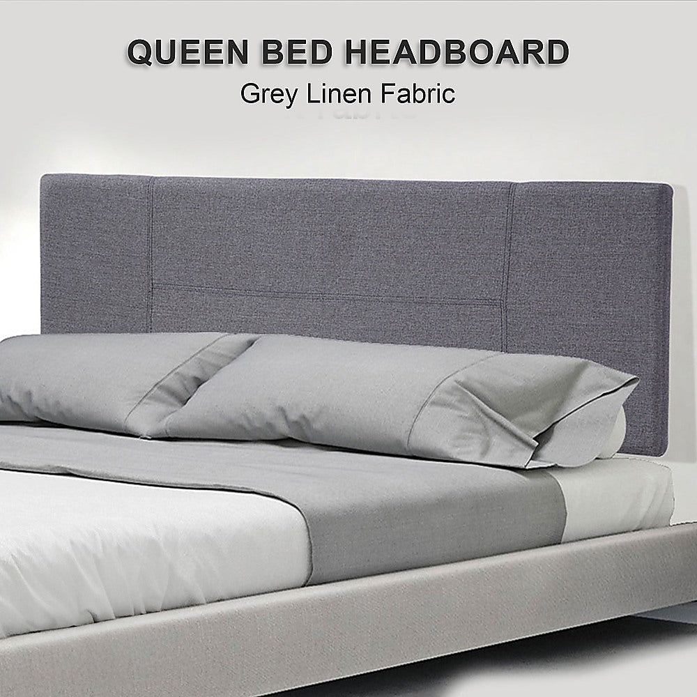 Adjustable Grey Linen Queen Headboard, Designer Stitch