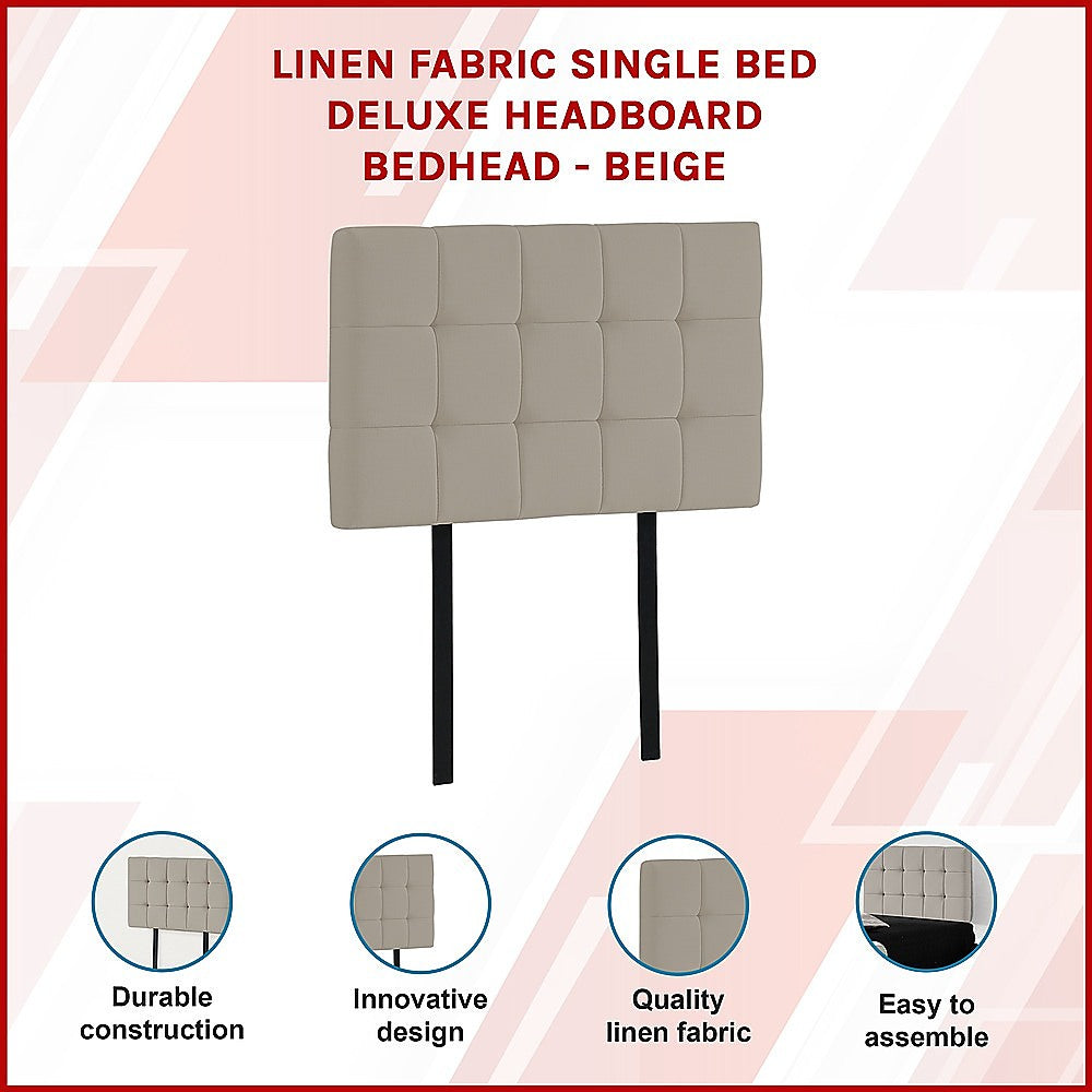 Beige Linen Single Bed Headboard, Adjustable Height