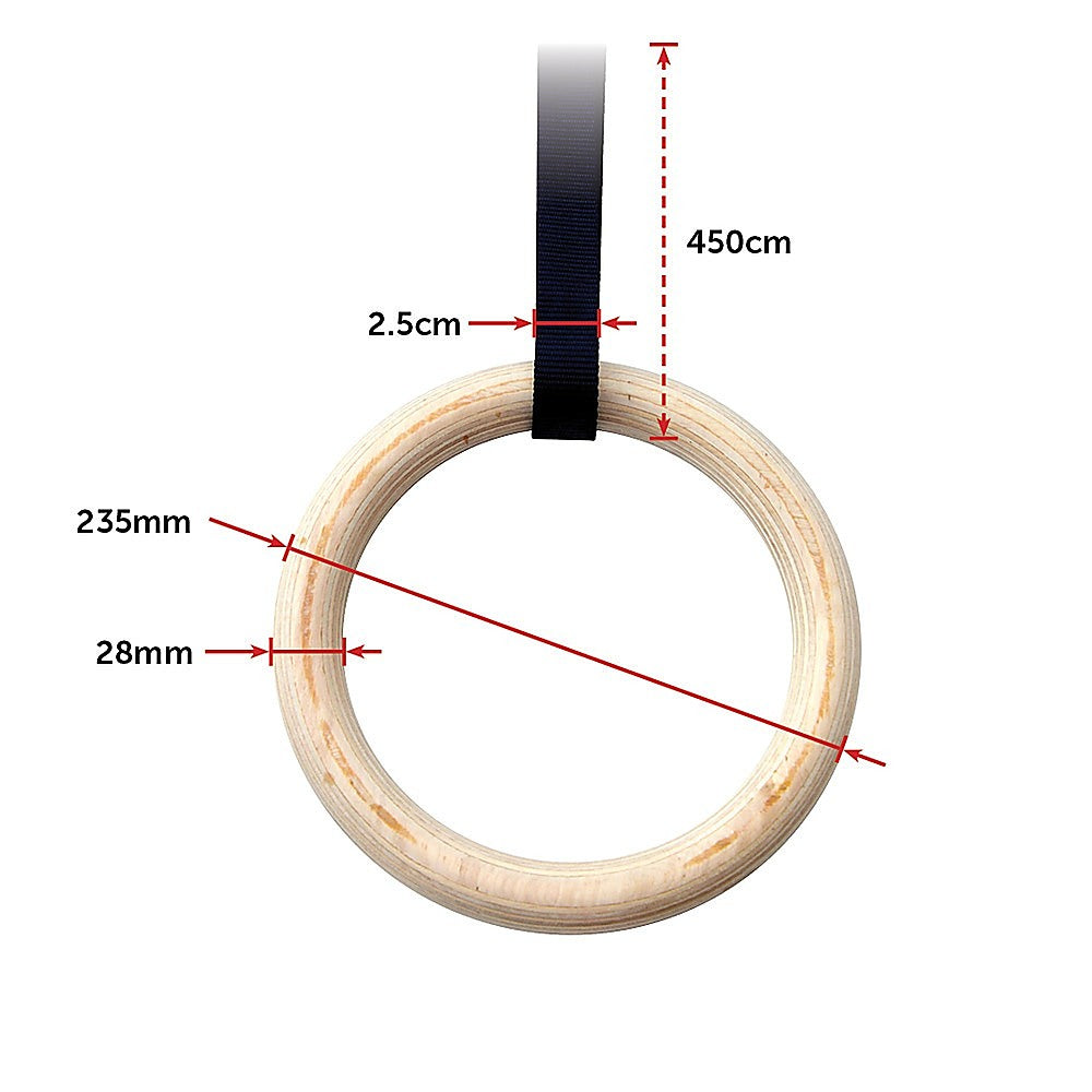 28mm Wooden Gymnastic Rings, Adjustable, 400kg Load