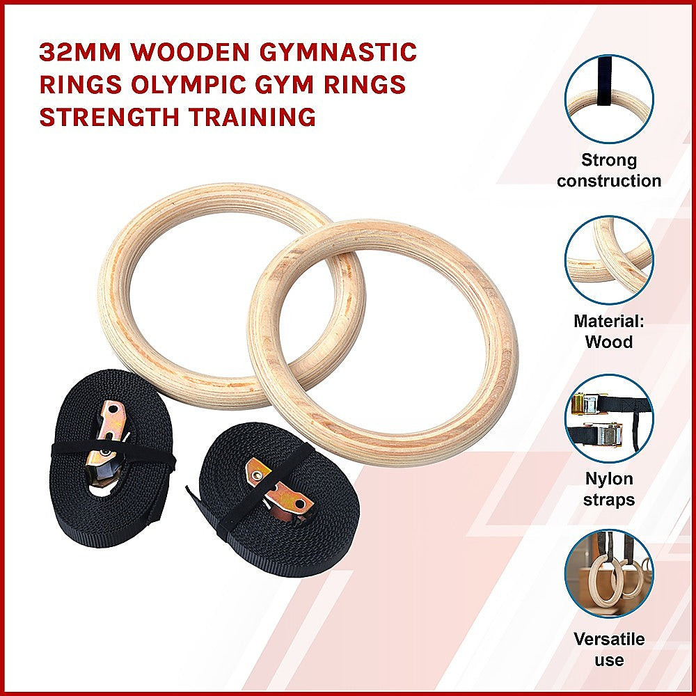 Heavy-Duty 32mm Wooden Gymnastic Rings with Nylon Straps