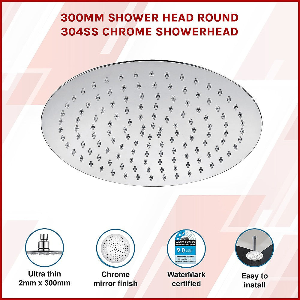 Ultra Thin 300mm Round Rainfall Shower Head, Stainless Steel