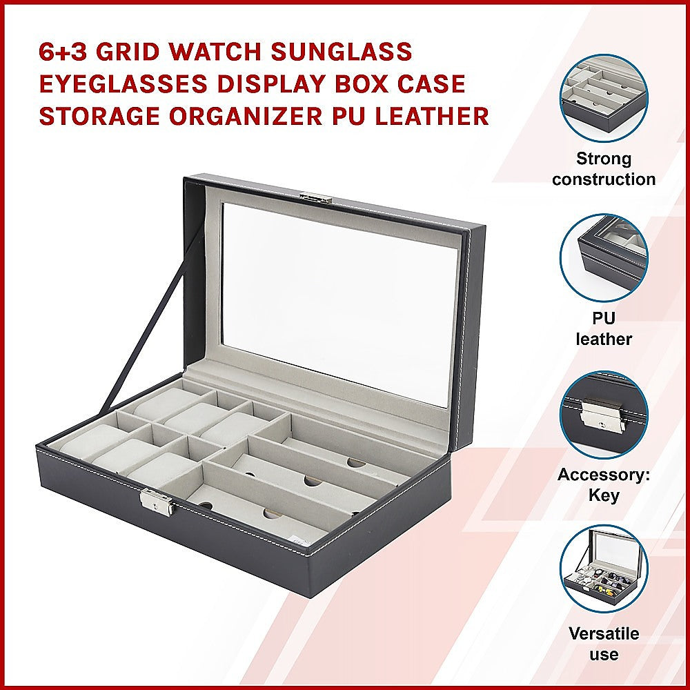 Black PU Leather Watch and Sunglasses Display Box