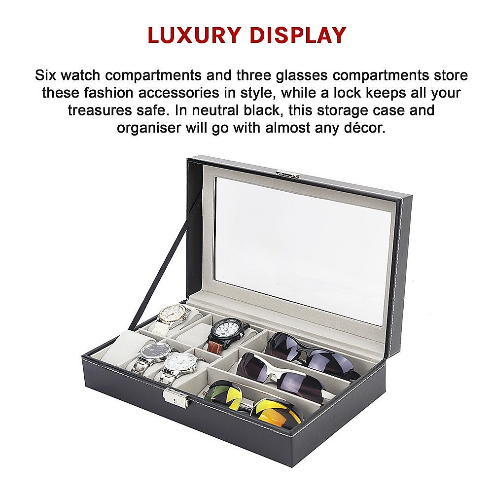 Black PU Leather Watch and Sunglasses Display Box