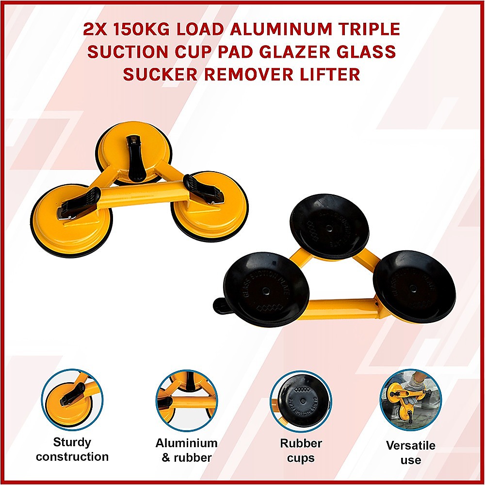 2x 150kg Triple Suction Cup Glass Lifters, Aluminum-Rubber