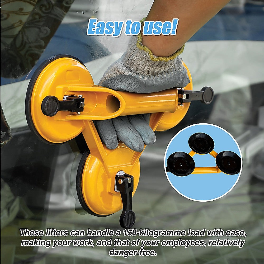 2x 150kg Triple Suction Cup Glass Lifters, Aluminum-Rubber