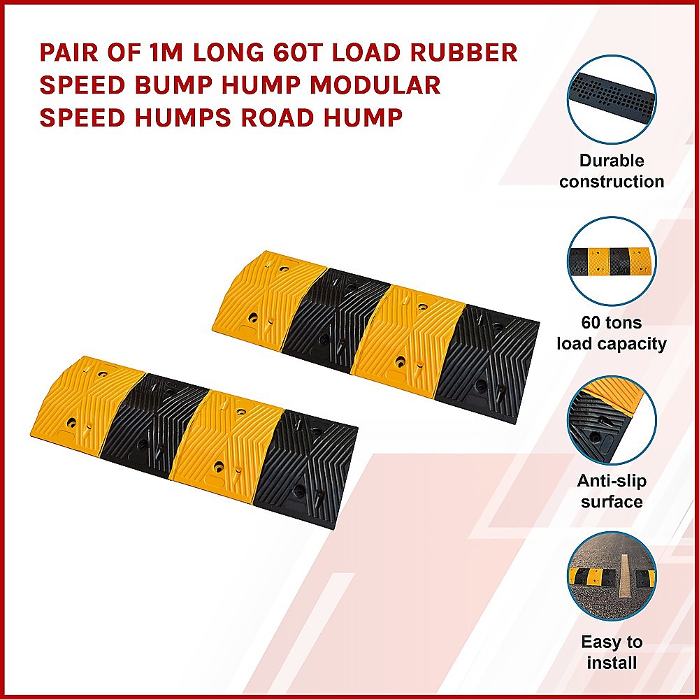 Durable 60T Rubber Speed Bumps, Anti-Slip, 1m Each - Set of 2