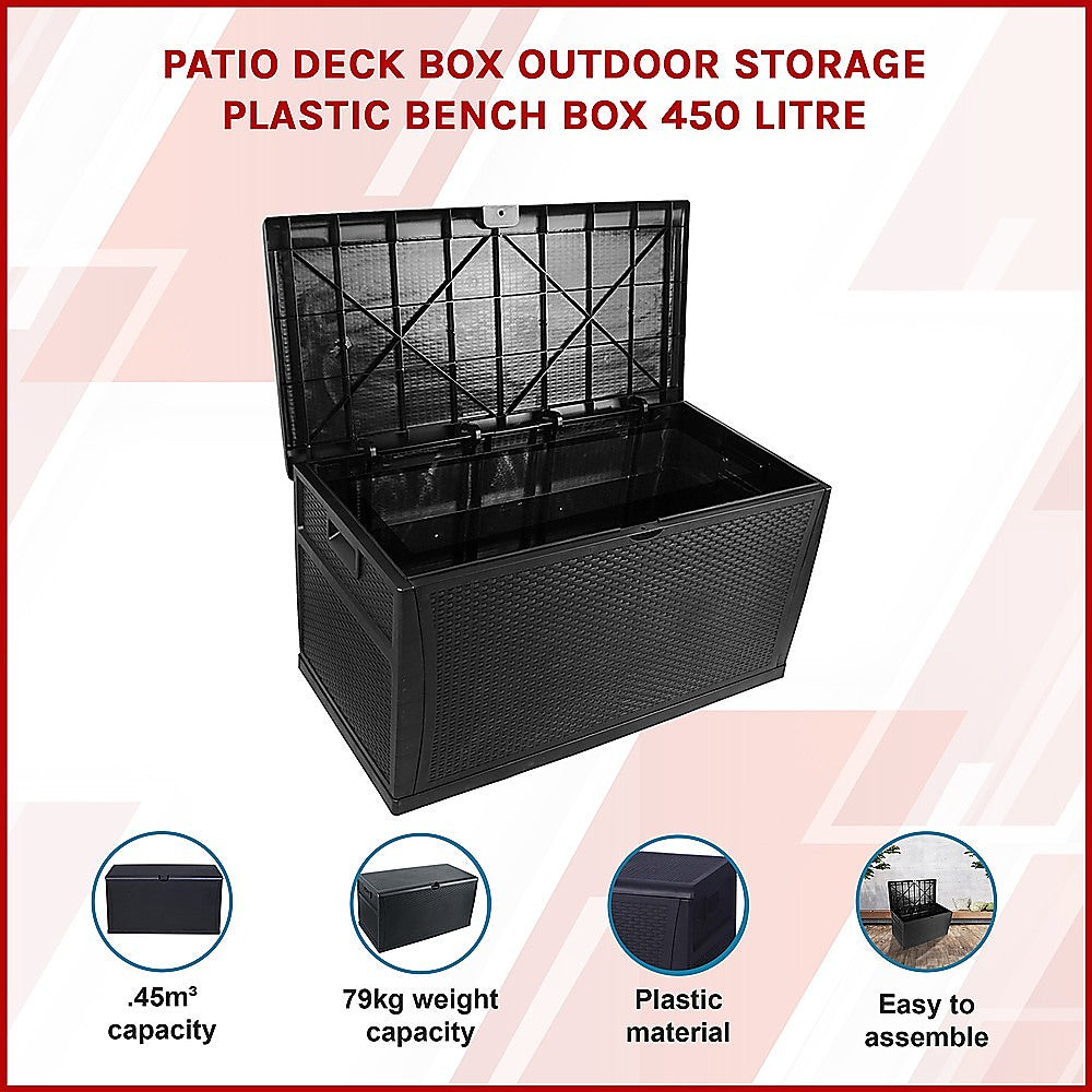 450L Plastic Patio Deck Storage Bench Black, 79kg Limit