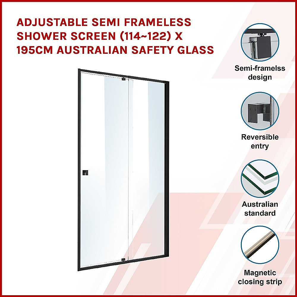 Adjustable Semi Frameless Shower Screen 114 122 x 195cm Australian Safety Glass