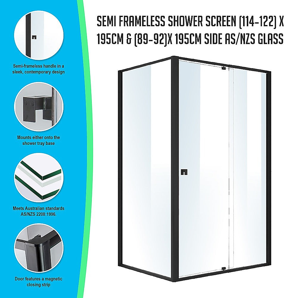 Semi Frameless Shower Screen 114 122 x 195cm & 89 92 x 195cm Side AS/NZS Glass
