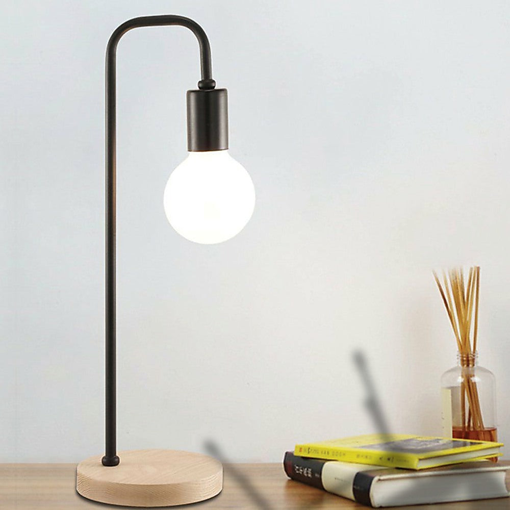 Black Steel Desk Lamp with Timber Base and Gooseneck Arm