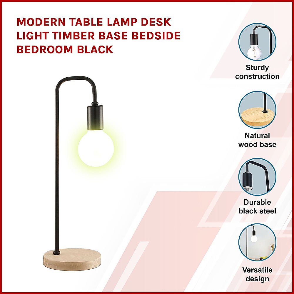 Black Steel Desk Lamp with Timber Base and Gooseneck Arm