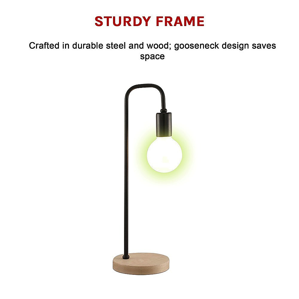 Black Steel Desk Lamp with Timber Base and Gooseneck Arm