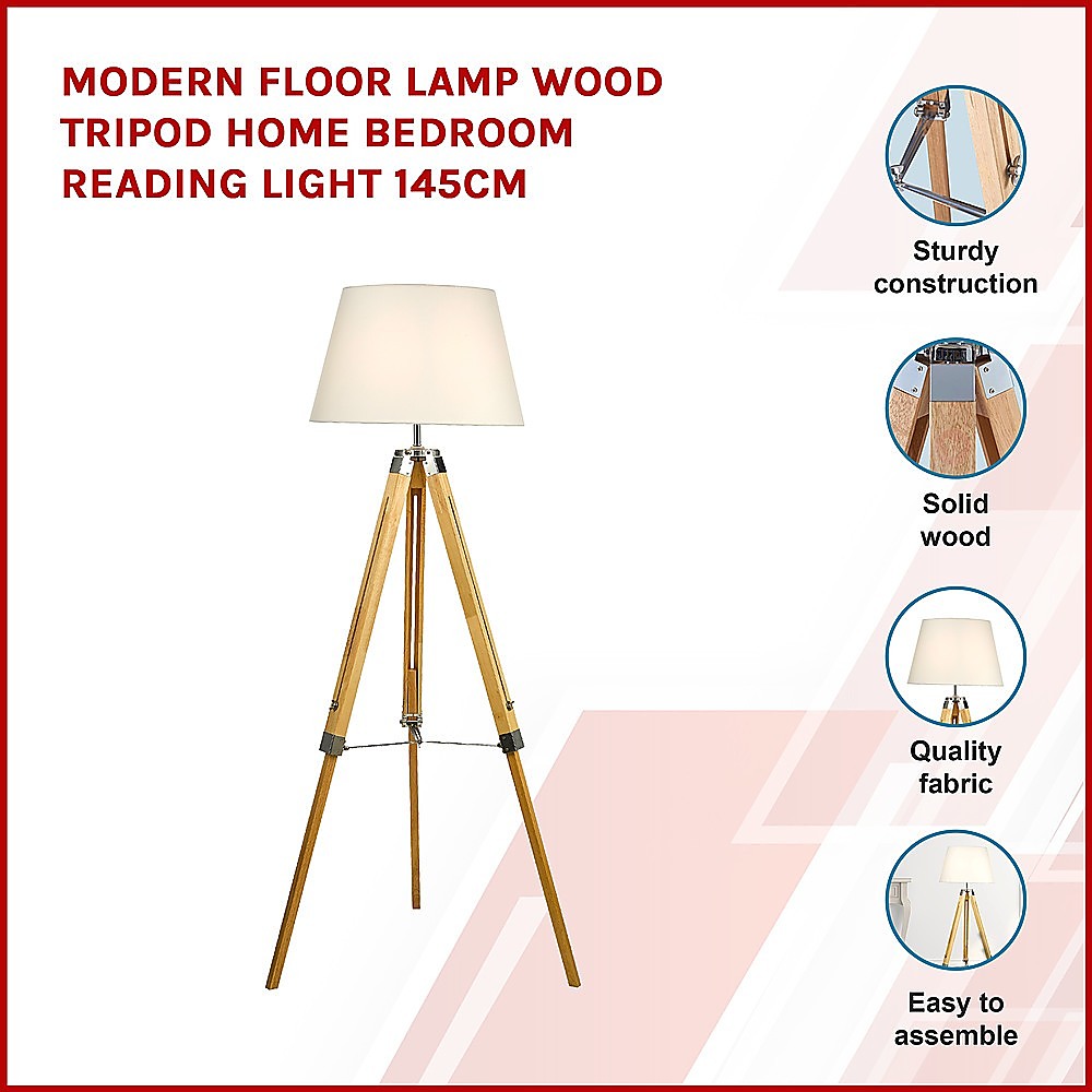 Adjustable Wood Tripod Floor Lamp, Fabric Shade, 145cm